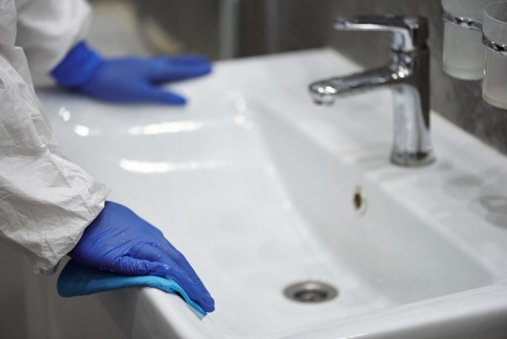 Close-up de un profesional con guantes limpiando un lavabo para sanidad.